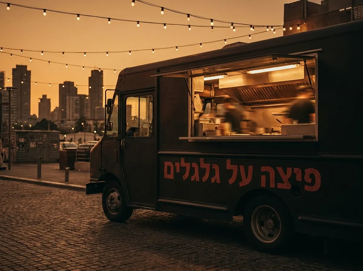 משאית פיצה על גלגלים בשקיעה